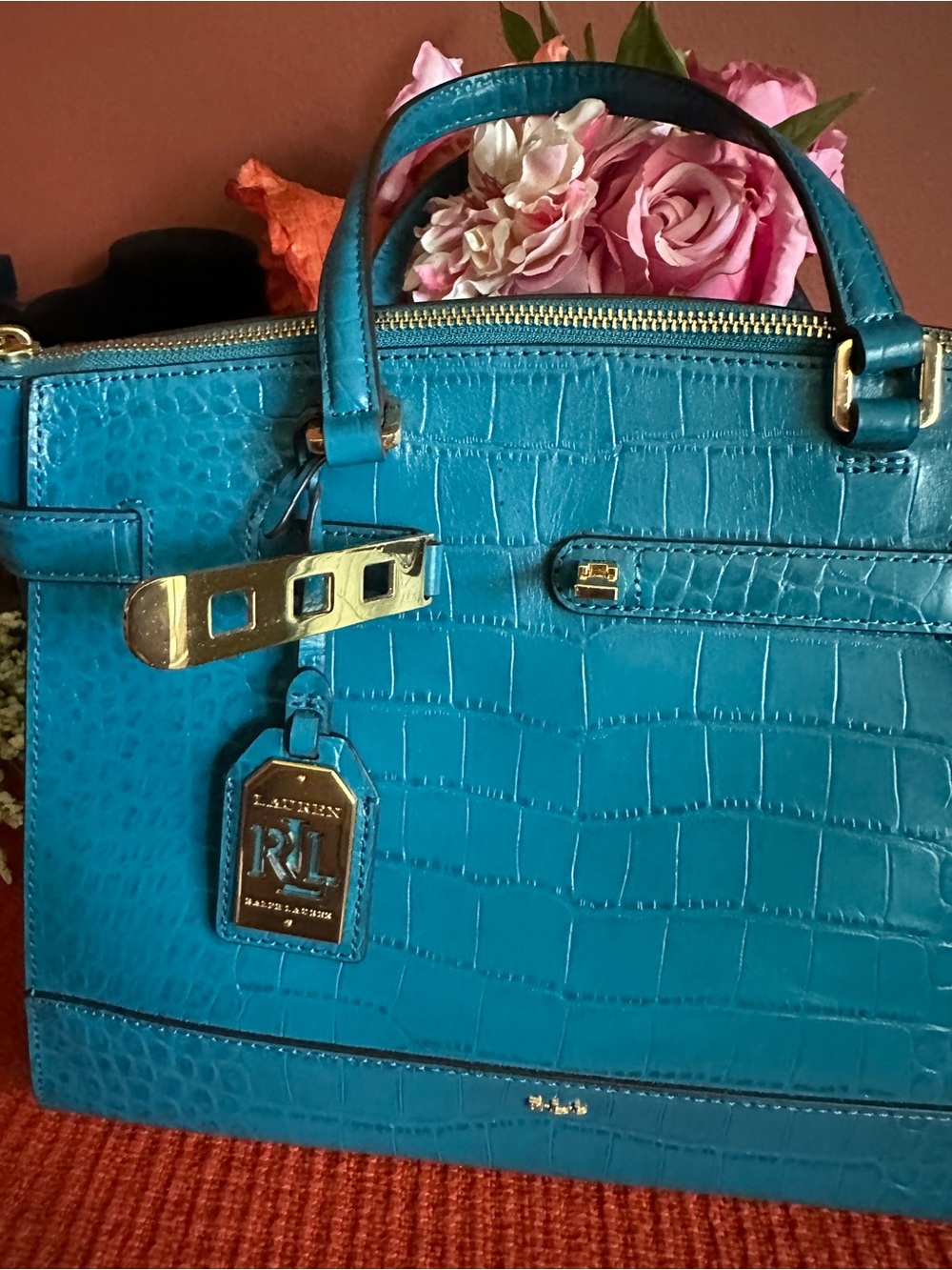 Ralph Lauren Turquoise Croc-Embossed Satchel with Gold Hardware - Picture 3 of 16